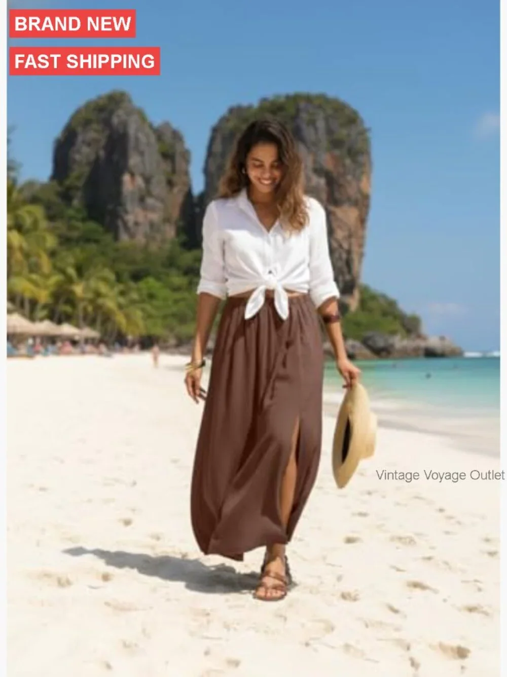 High Waisted Maxi Skirt with Side Slit, Flowy A-Line for Summer - Picture 3 of 7